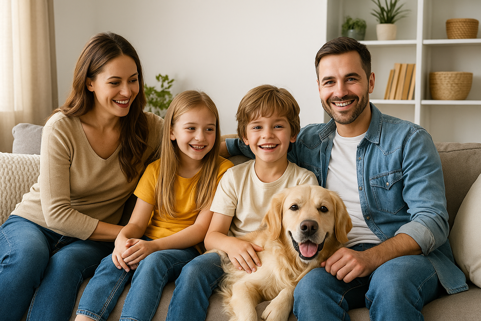 Familia en un living limpio y seguro